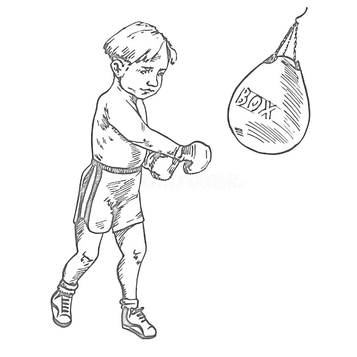 На раскраске изображено: Бокс, Мальчик, Боксер, Спорт, Тренировка, Перчатки, Груши