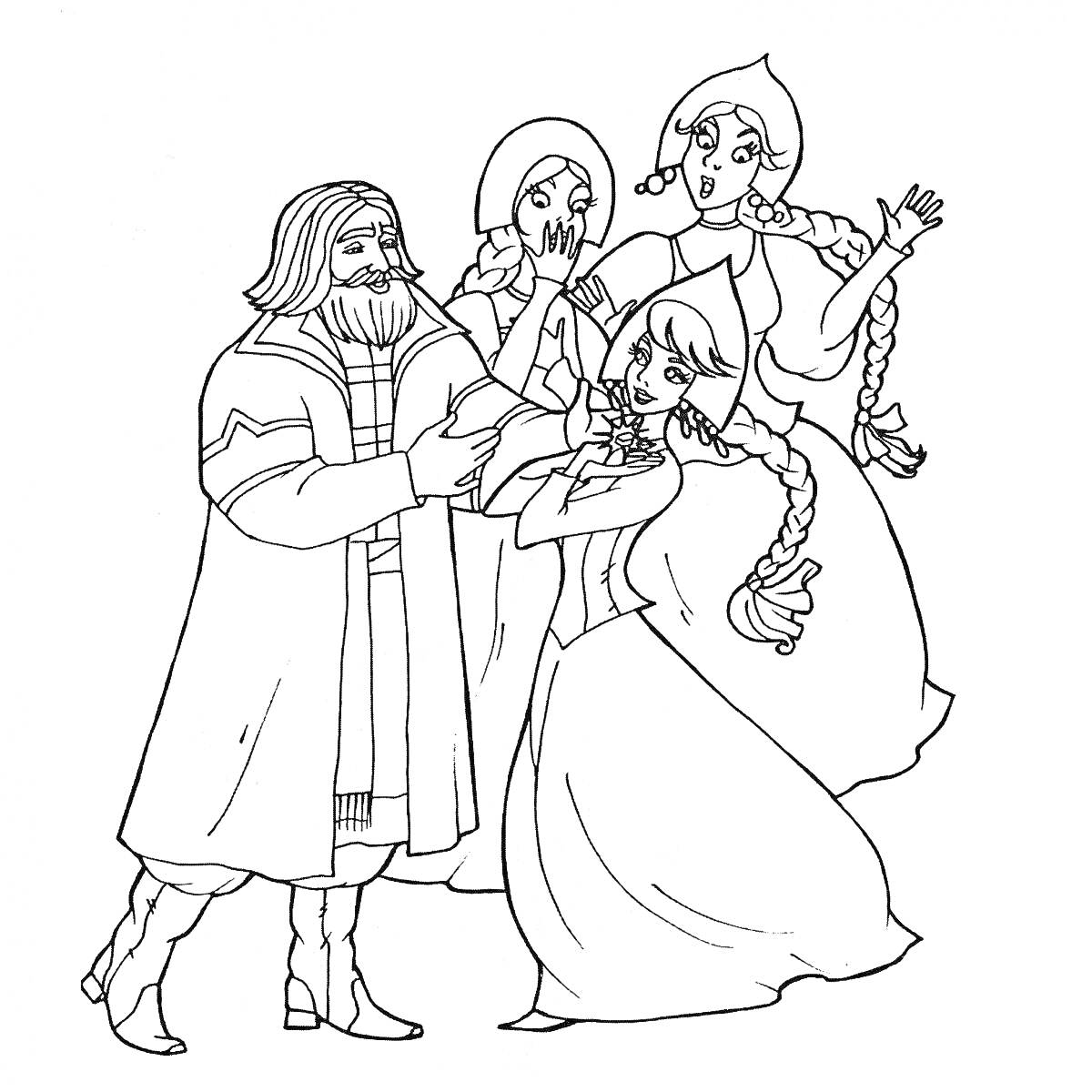 На раскраске изображено: Семья, Отец, Аленький цветочек, Традиционная одежда, Длинные волосы
