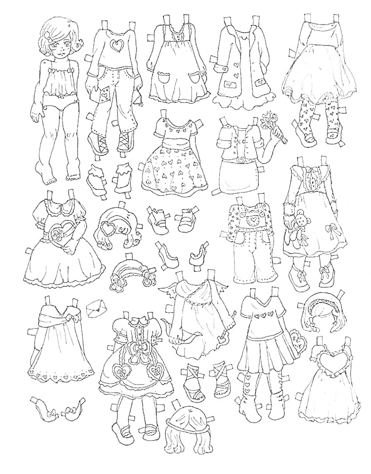 Раскраска Бумажная кукла с гардеробом, включающим повседневную и праздничную одежду, головные уборы, обувь и аксессуары