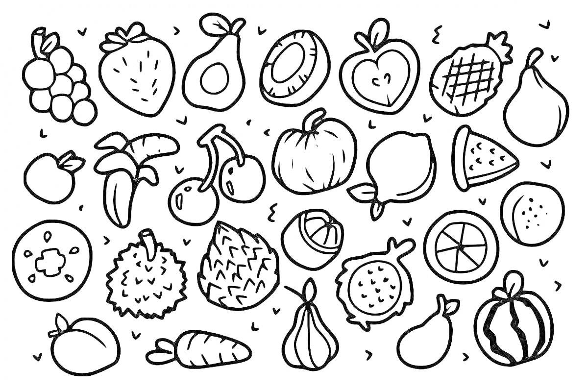 Раскраска Раскраска с фруктами, включая виноград, клубнику, авокадо, киви, яблоко, ананас, грушу, банан, вишню, апельсин, лимон, арбуз, дыню и другие фрукты