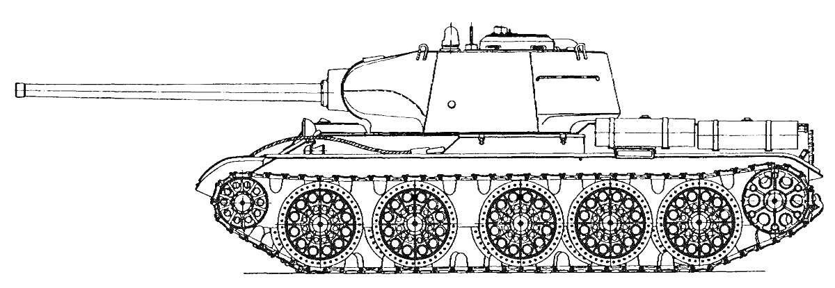 На раскраске изображено: Т-34-85, Танк, Военная техника, Гусеницы, Пушка, Корпус