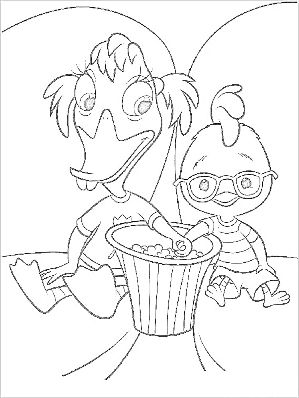 Раскраска цыпа и цыпленок с ведром попкорна