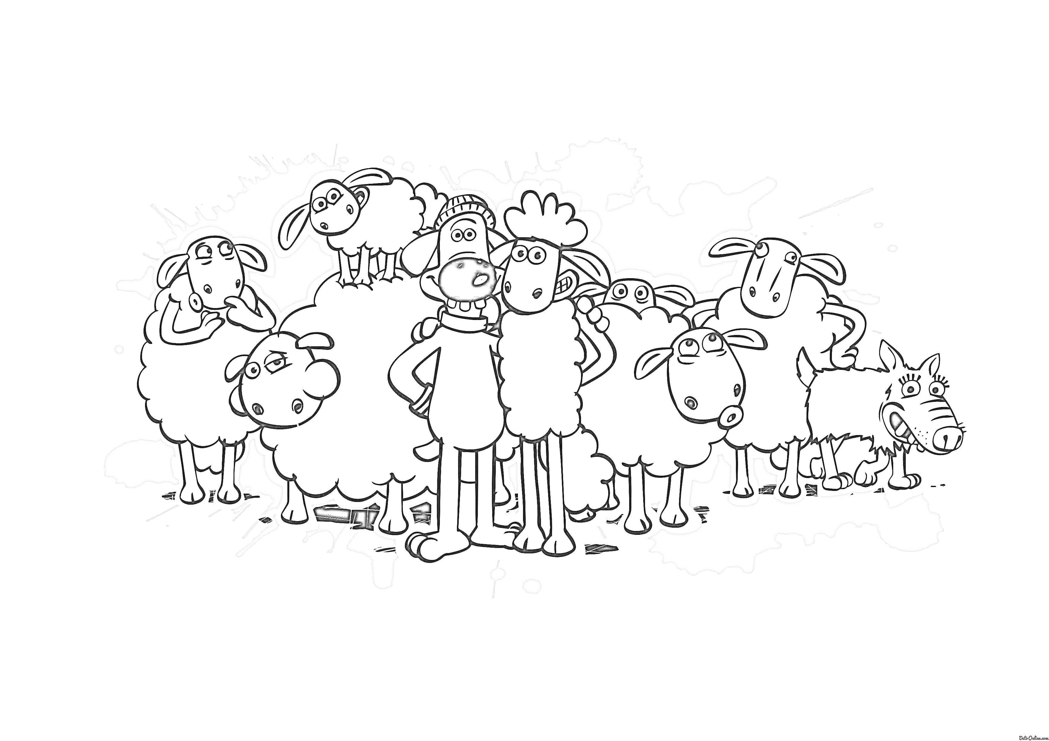 Раскраска Тимми и стадо овец на сером фоне