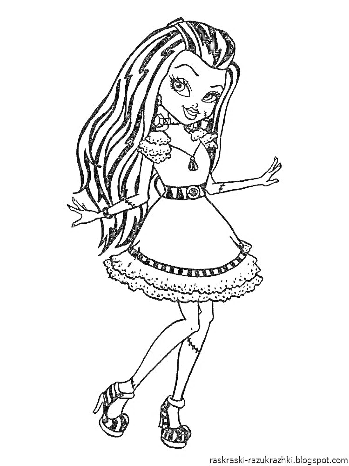 Раскраска Девочка с длинными волосами в платье и на каблуках