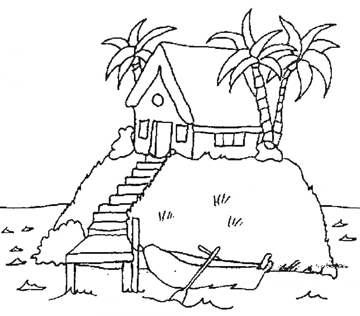 На раскраске изображено: Остров, Дом, Пальмы, Лестница, Лодка, Причал, Природа, Море, Холмы