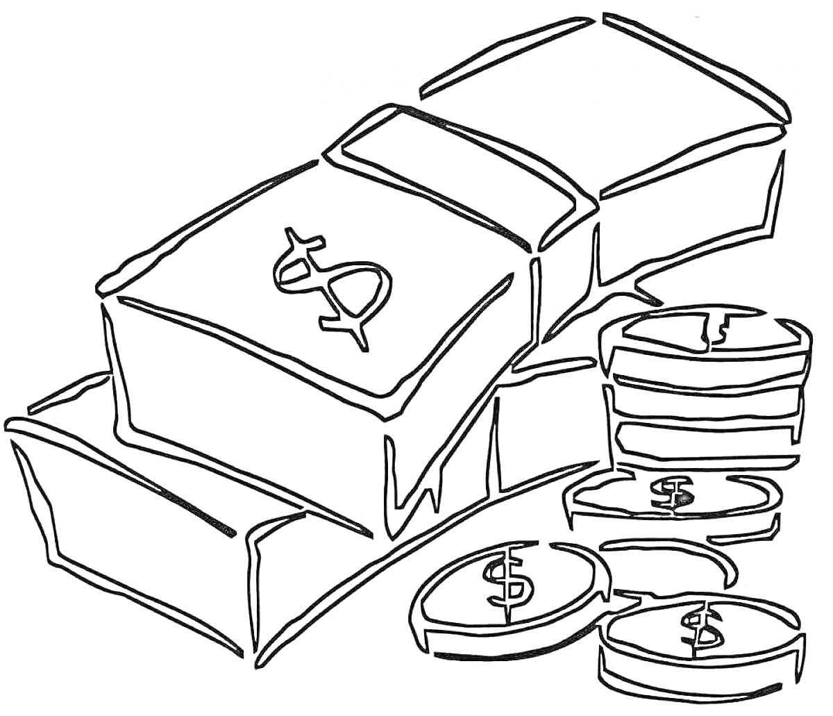 Раскраска Пачки денег и монеты с символами доллара