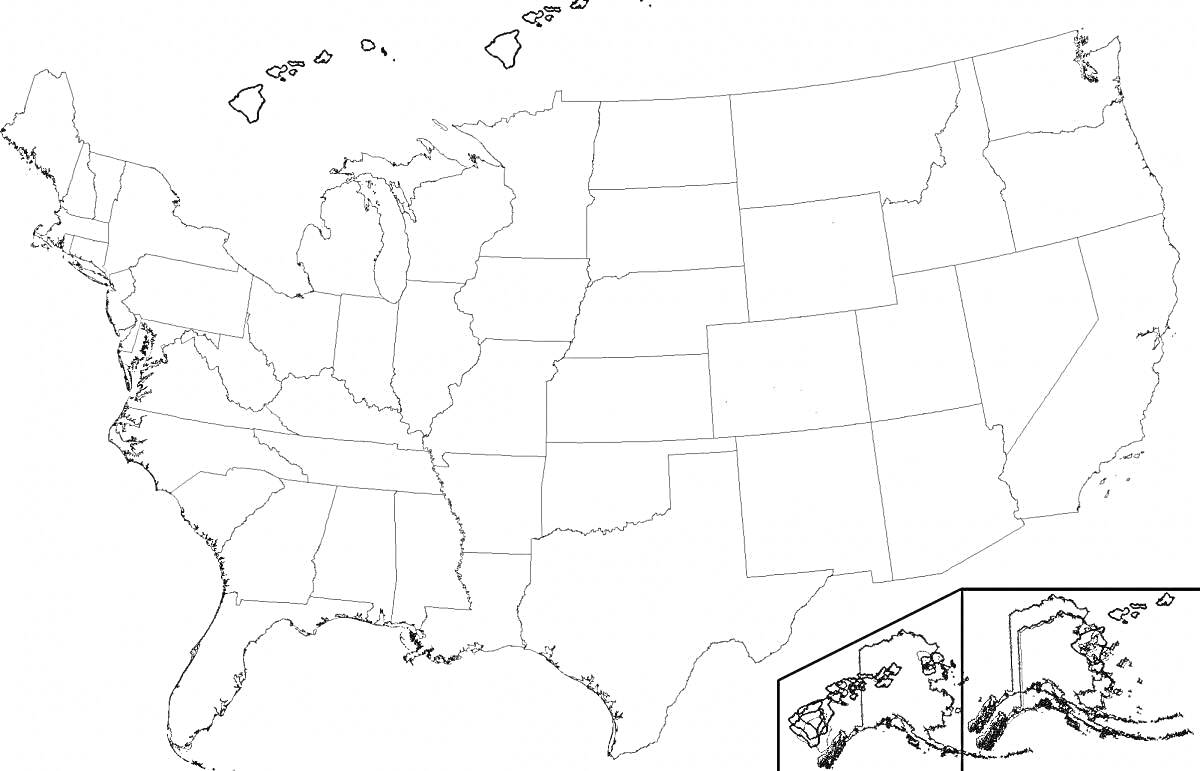 Карта США с границами штатов и отдельными картами Аляски и Гавайских островов