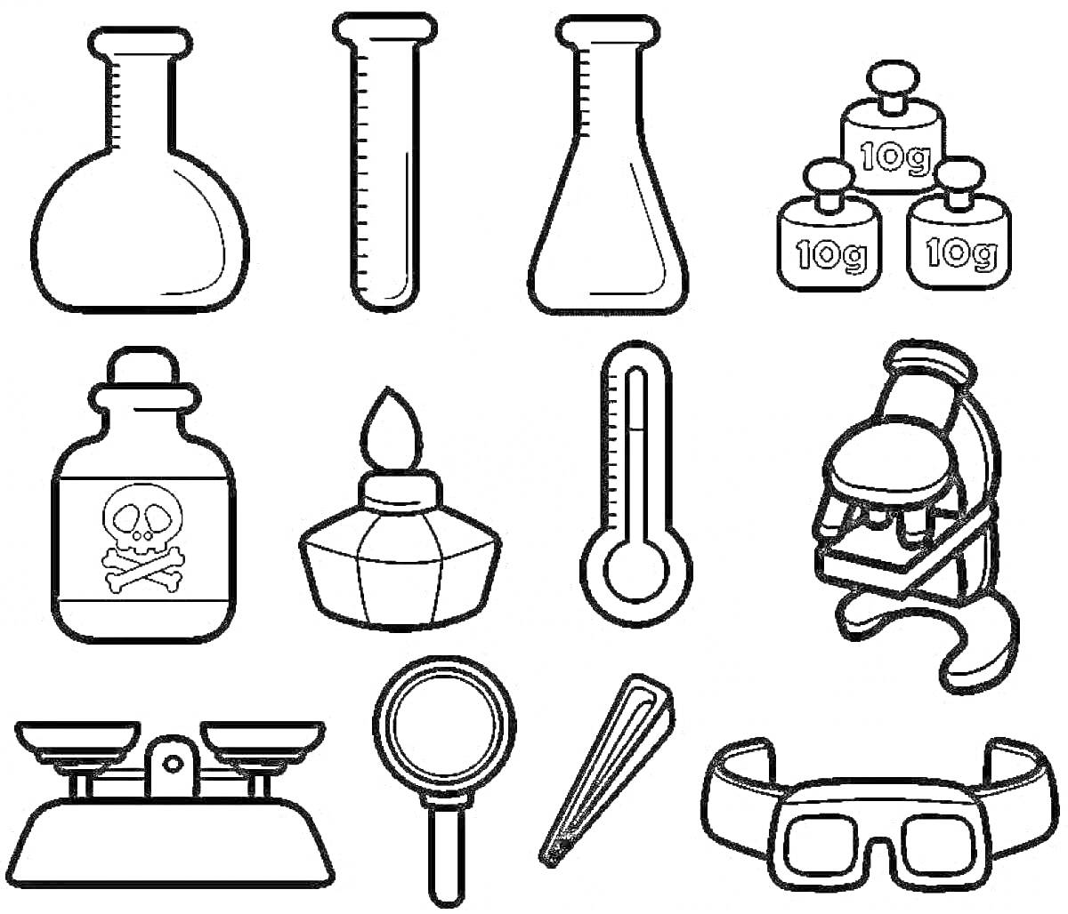 Раскраска колба, мерный цилиндр, мензурка, гири, бутылка с ядовитым веществом, спиртовка, термометр, лабораторная стойка с креплениями, весы, лупа, пинцет, защитные очки