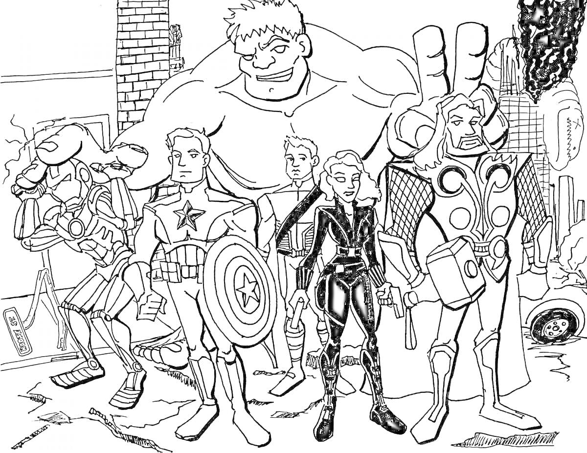 На раскраске изображено: Мстители, Супергерои, Халк, Капитан америка, Черная вдова, Тор, Железный человек, Для детей, Города, Разрушения
