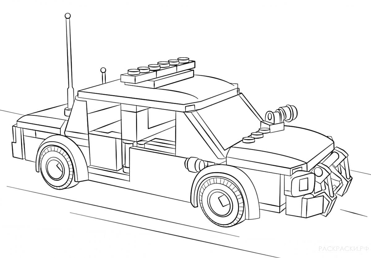Раскраска Полицейская машина из конструктора Лего с антеннами и фарами