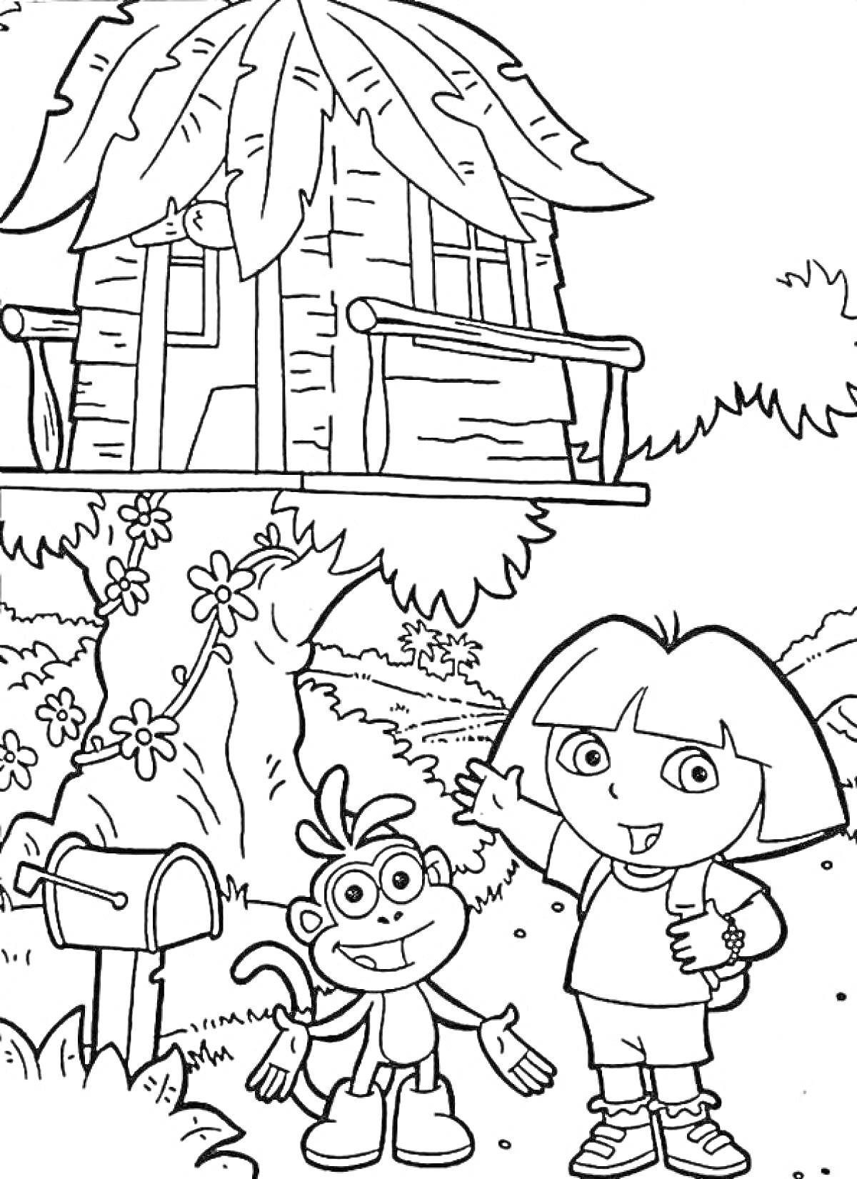 На раскраске изображено: Домик на дереве, Два персонажа, Цветы, Почтовый ящик, Лес, Из мультфильмов
