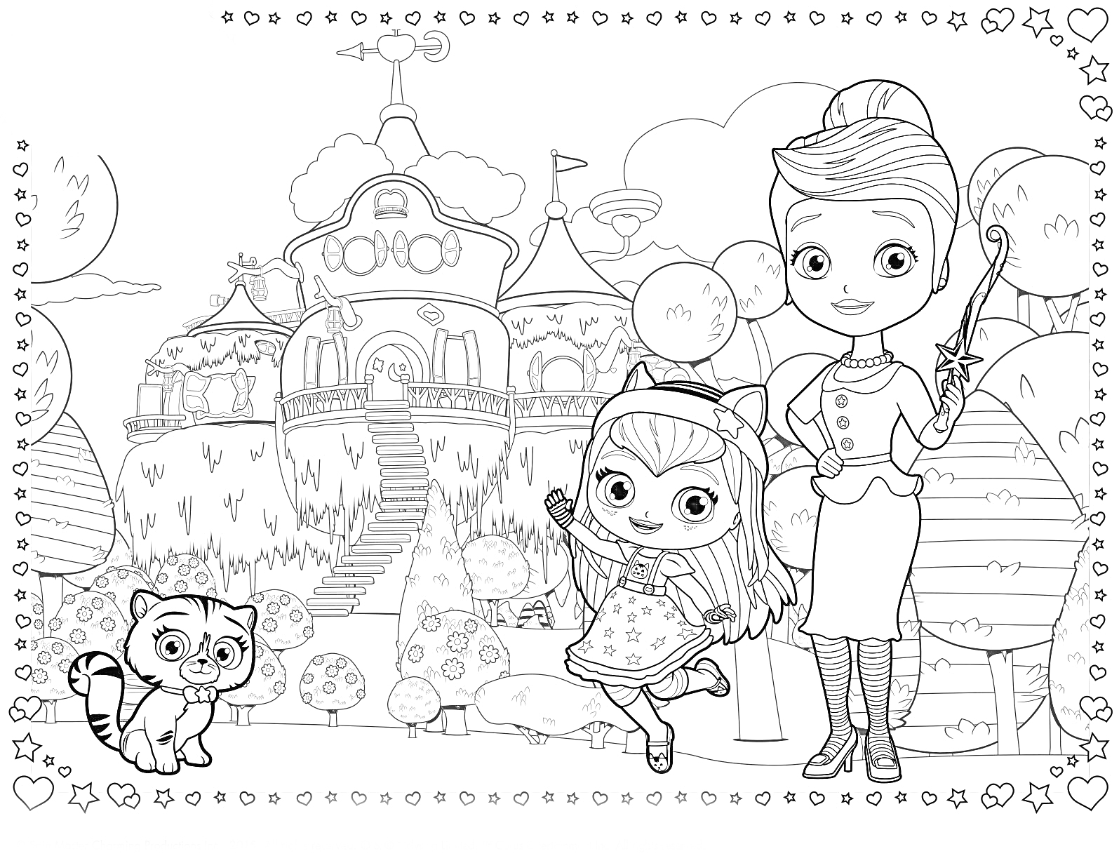 Раскраска Две девочки с волшебными палочками на фоне замка, кошка, деревья и воздушные шары