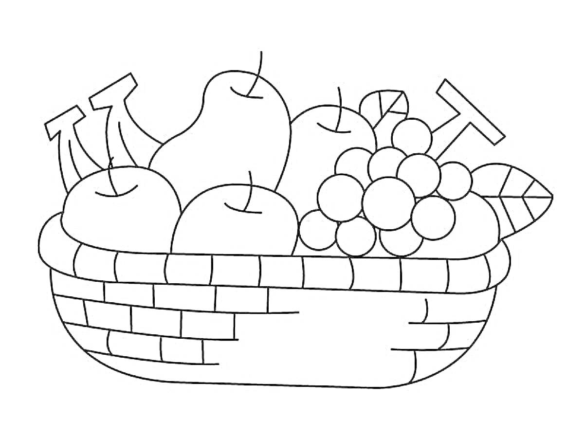 Раскраска Корзина с фруктами, содержащая яблоки, груши, виноград и бананы