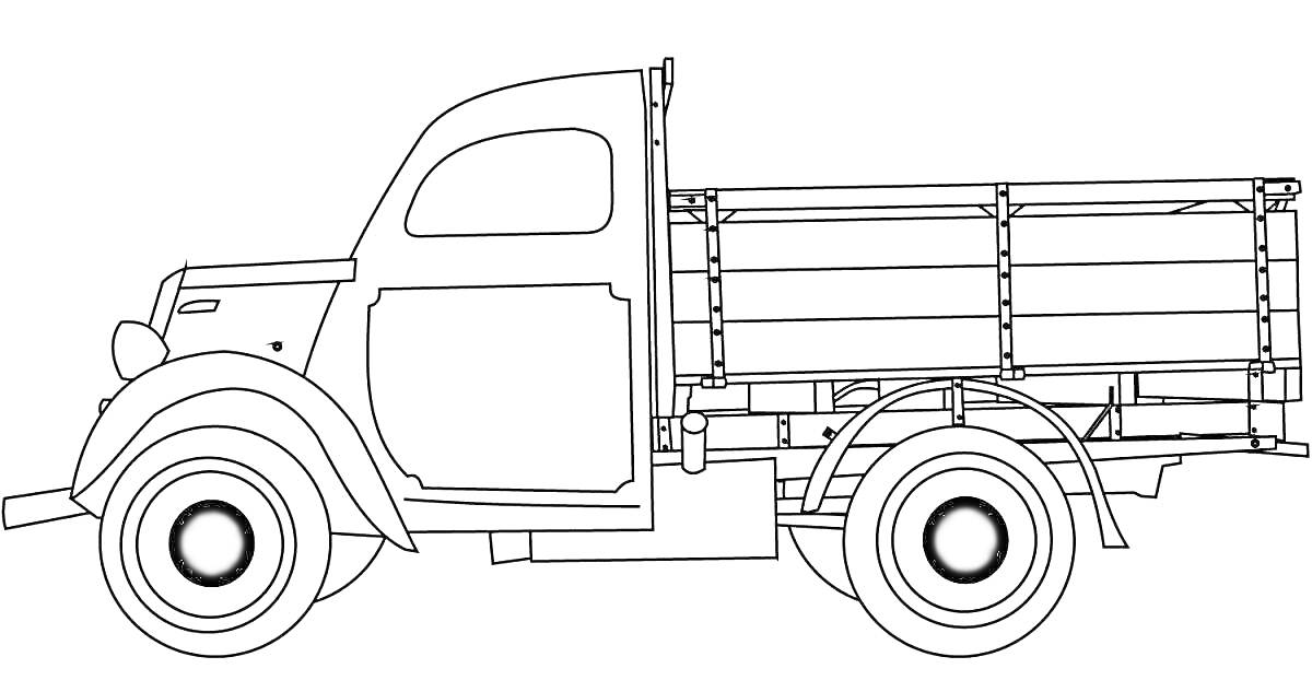 Раскраска Грузовик с открытым бортом, боковой вид, детализированная кабина, задние колеса