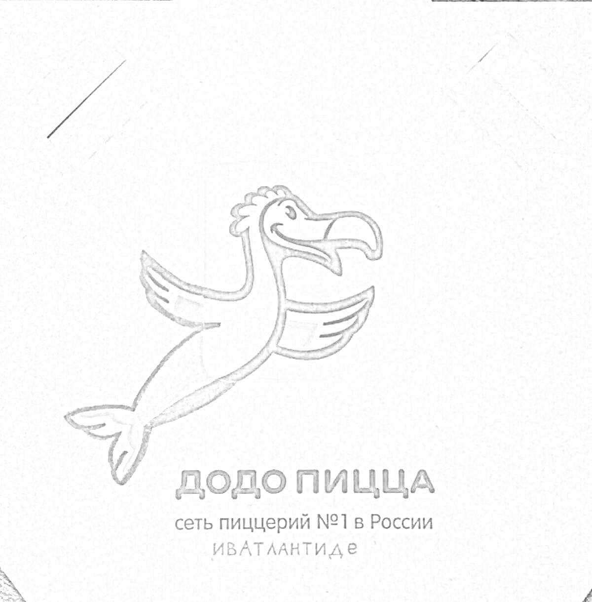 Раскраска упаковка от пиццы с изображением додо и надписью 