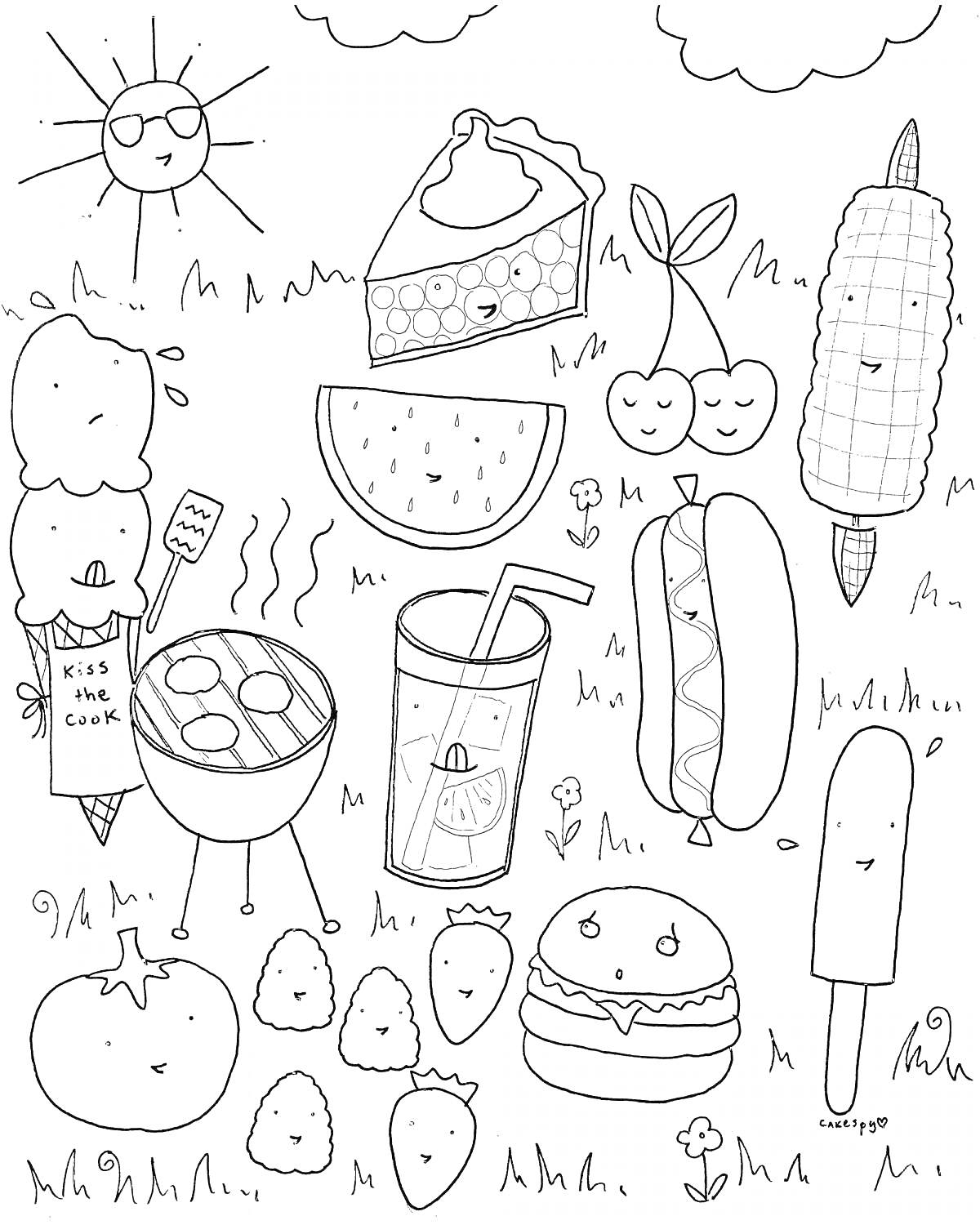 Сцена пикника со следующими элементами: солнце, два облака, кусок пирога, две вишенки на веточке, кукуруза, мороженое в вафельном рожке, гриль с сосисками и надписью 