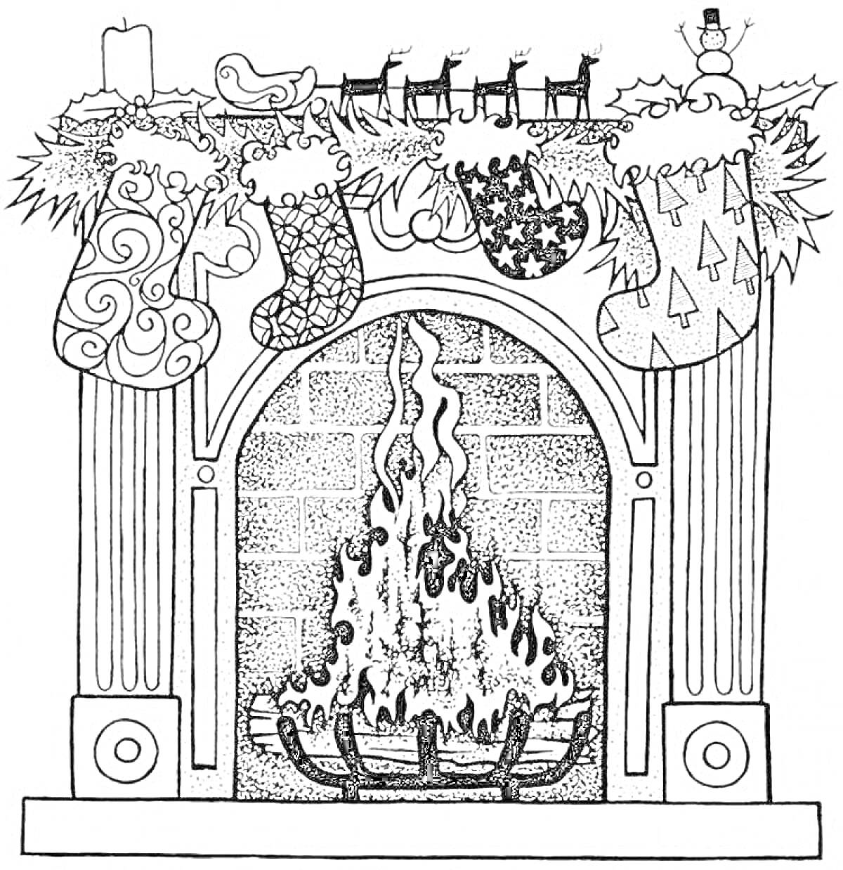 Раскраска Камин с горящим огнем, носками, декоративным венком, свечой, фигурками оленей и снеговика
