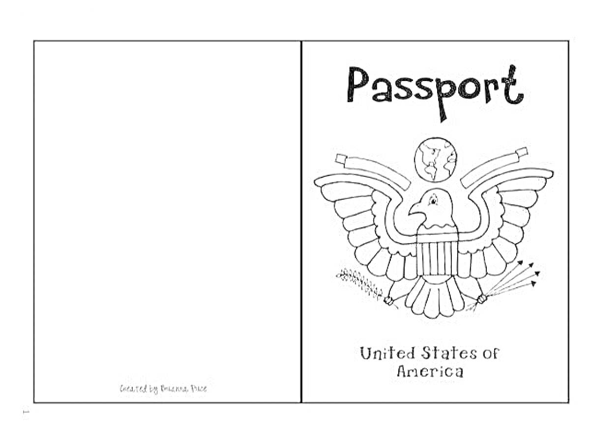 На раскраске изображено: Паспорт, США, Орел, Земной шар, Оливковая ветвь, Надпись