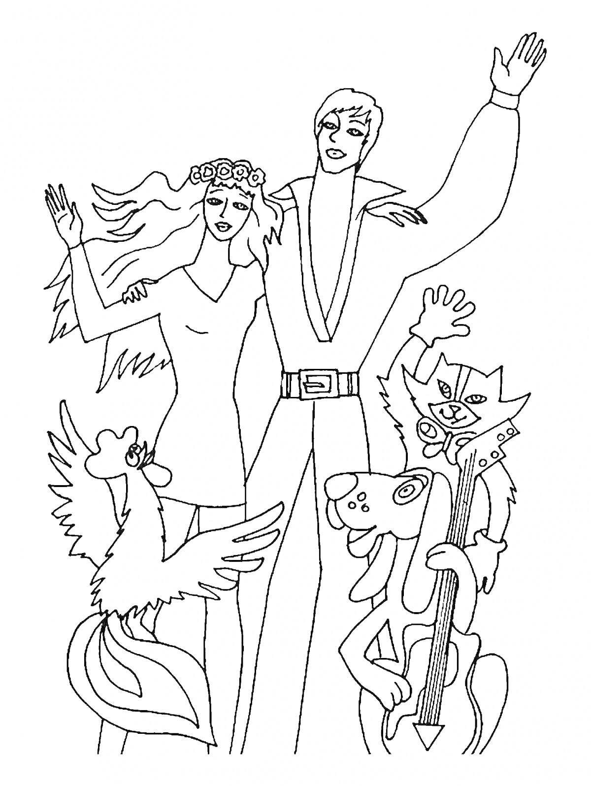 На раскраске изображено: Сыщик, Бременские музыканты, Принцесса, Трубадур, Петух, Собака