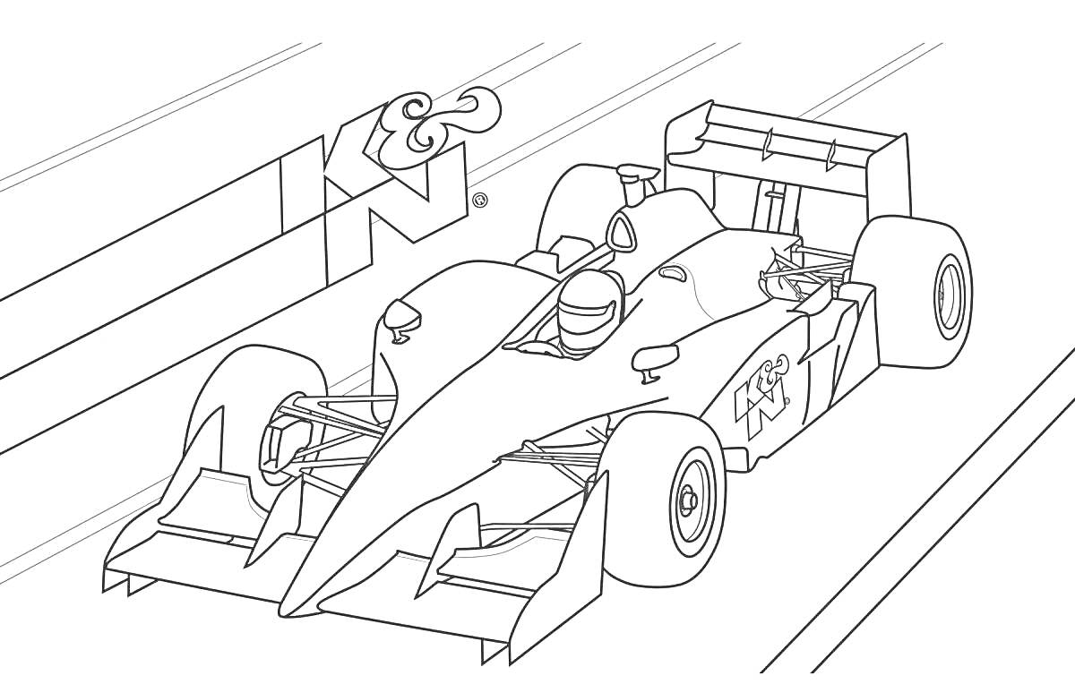 Раскраска гоночный болид, пилот в шлеме, логотип K&N, гоночная трасса