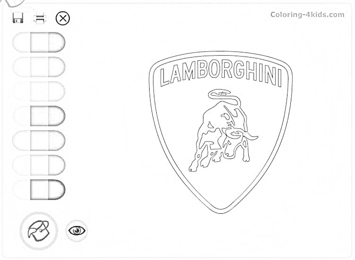 На раскраске изображено: Ламборгини, Значок, Бык, Щит, Автомобильный логотип