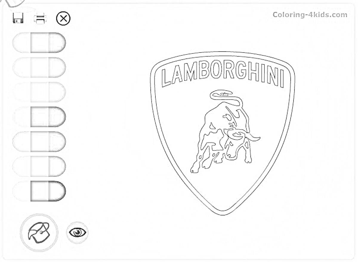 Раскраска Значок Lamborghini с изображением быка в основе треугольного щита и надписью 