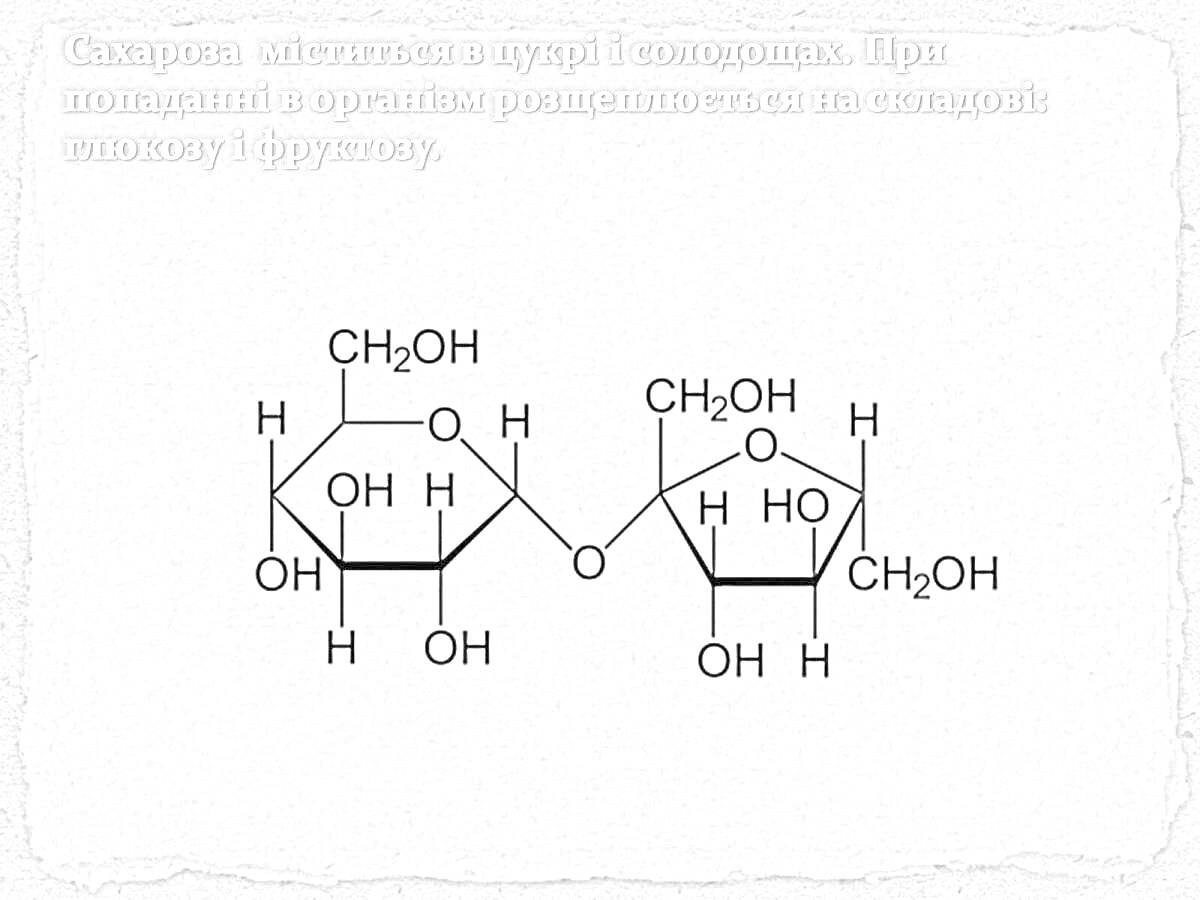 РаскраскаСахароза: молекулярная структура и описание с расщеплением на фруктозу и глюкозу