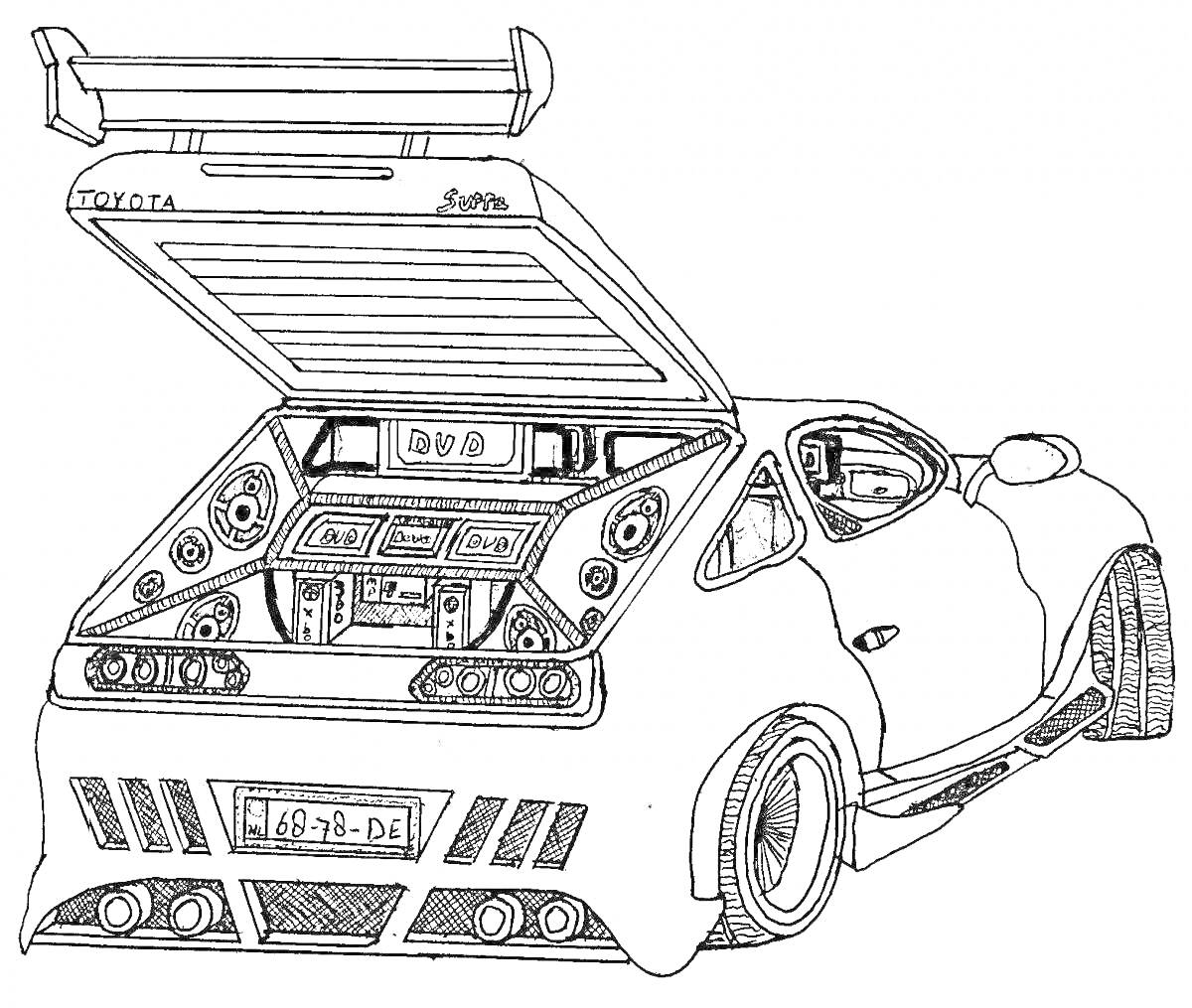 Раскраска Автомобиль с откидным багажником и стереосистемой