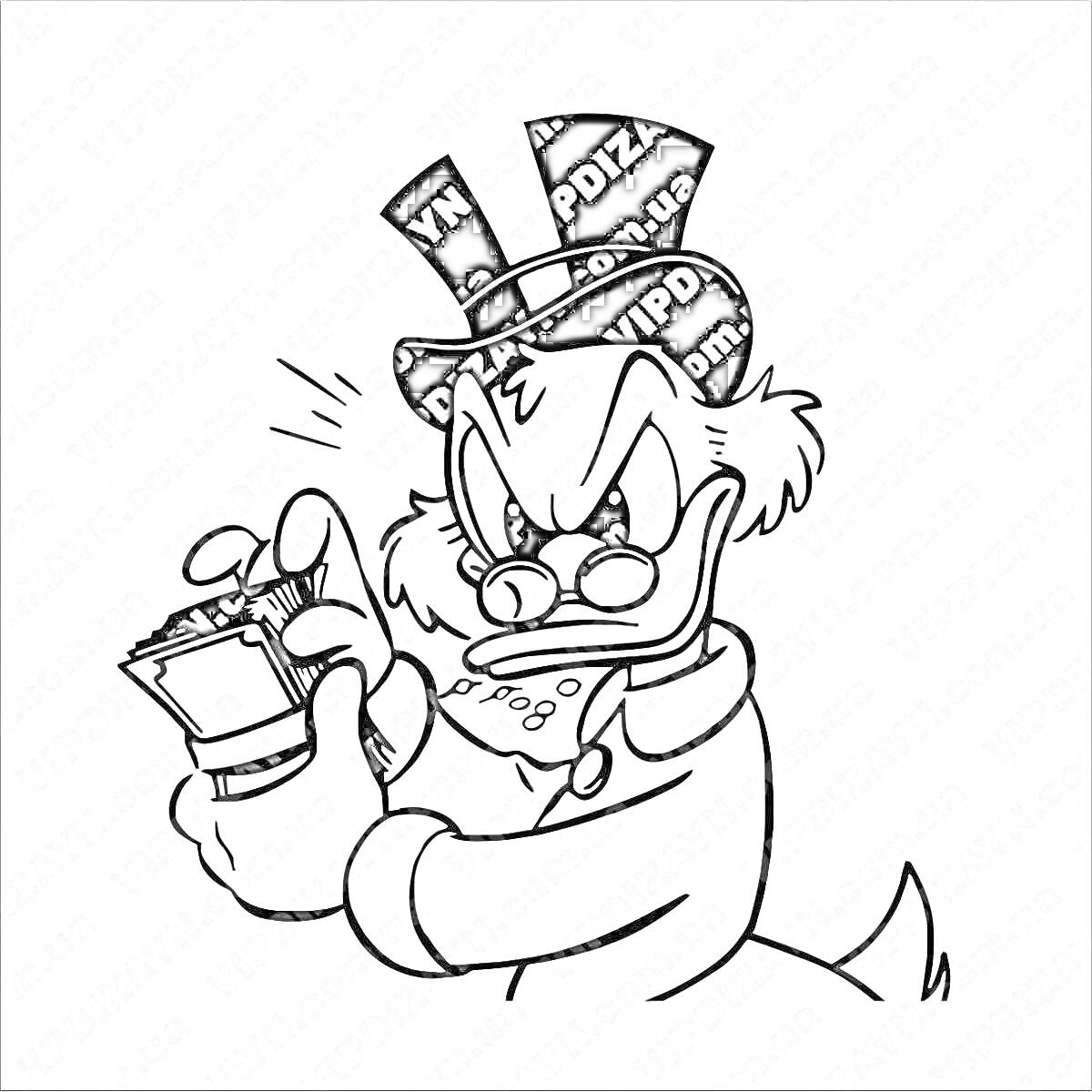 Раскраска Скрудж Макдак с деньгами в руке, одет в цилиндр и очки, с сердитым выражением лица