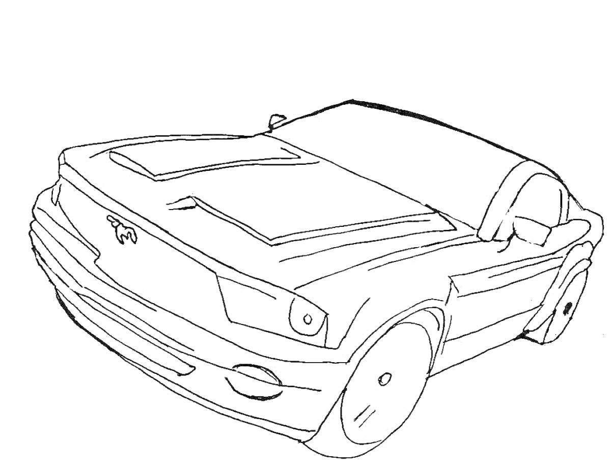 Раскраска Спортивный автомобиль Мустанг с гербом на капоте