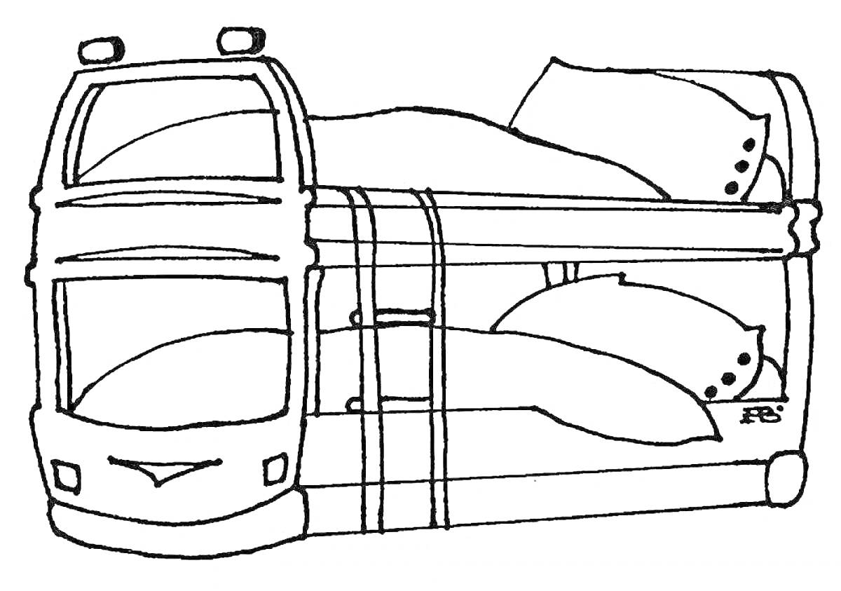 Раскраска Двухъярусная кровать в форме автобуса с подушками и одеялами