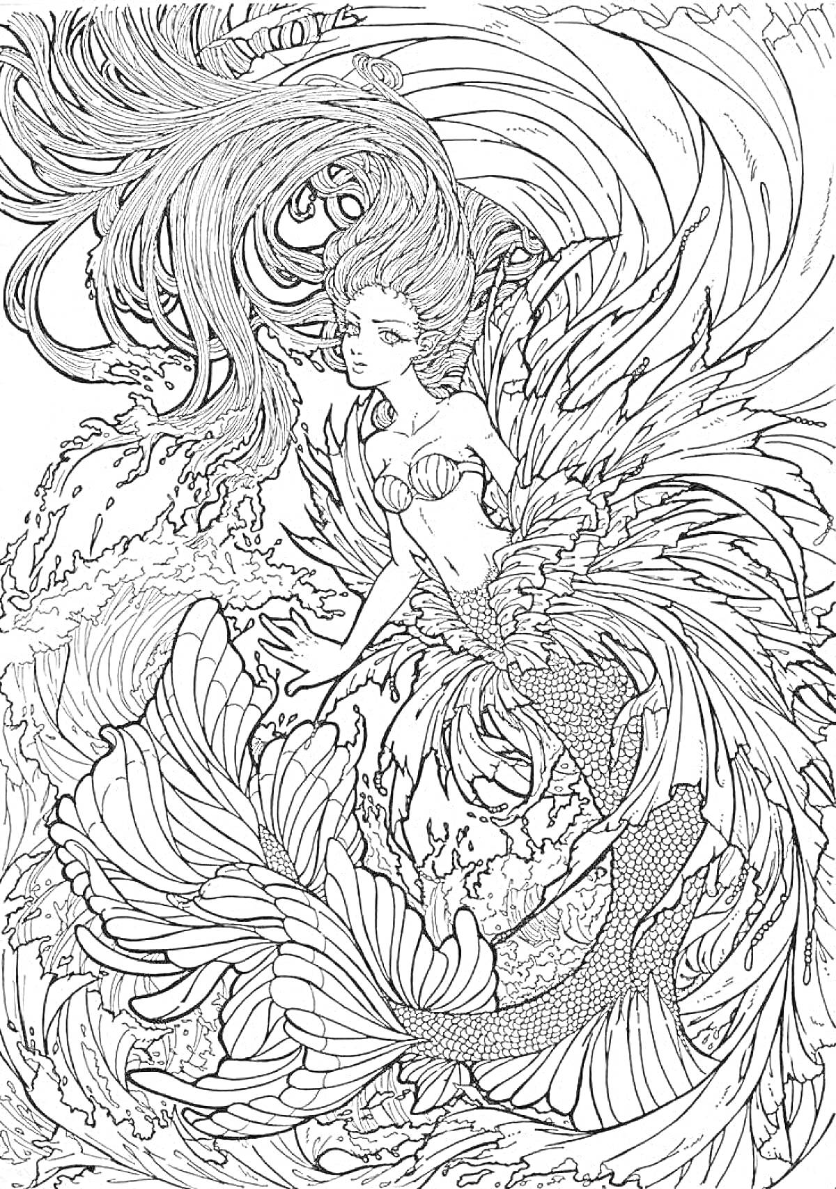 Раскраска Жарптица - русалка с большими распущенными волосами, огненным оперением, рыбьим хвостом, окруженная водоворотом