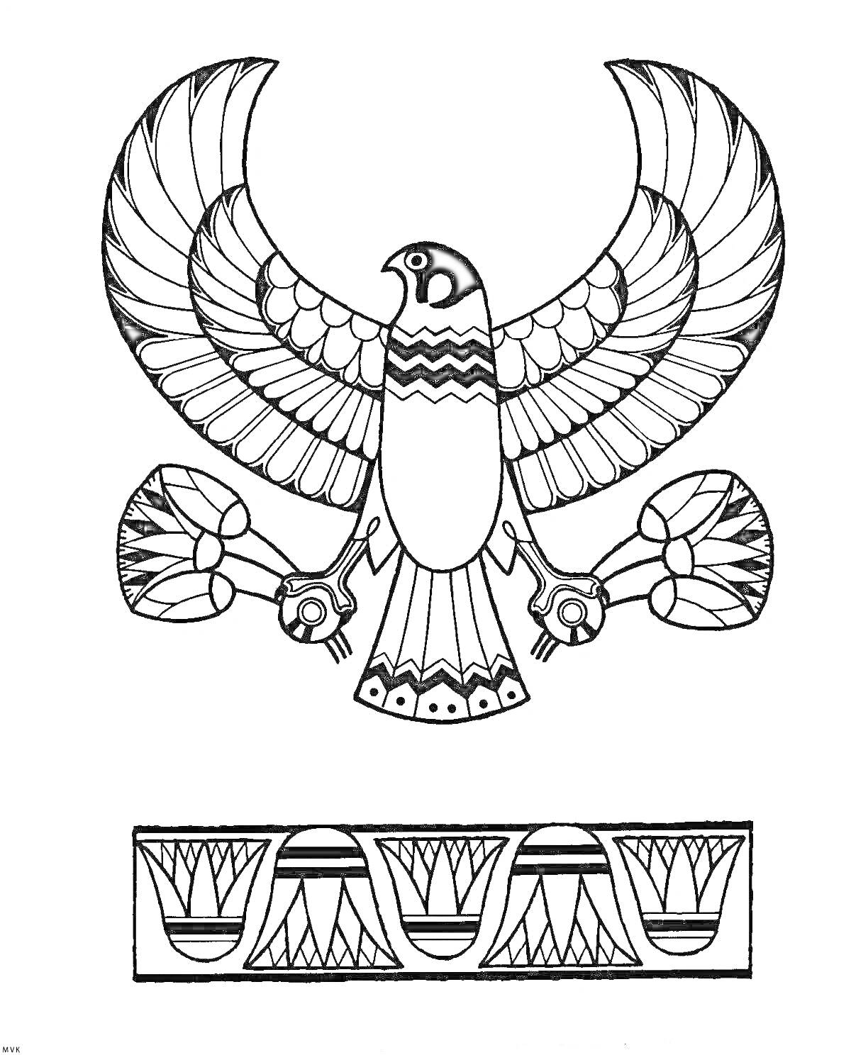 Раскраска Египетский орел с лотосами и орнамент с лотосами