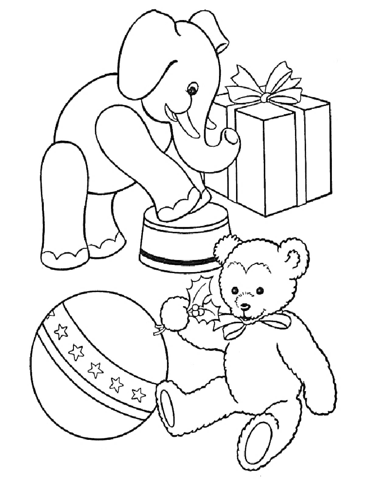 Раскраска Слон на подставке, медведь с веточкой и мяч, подарок