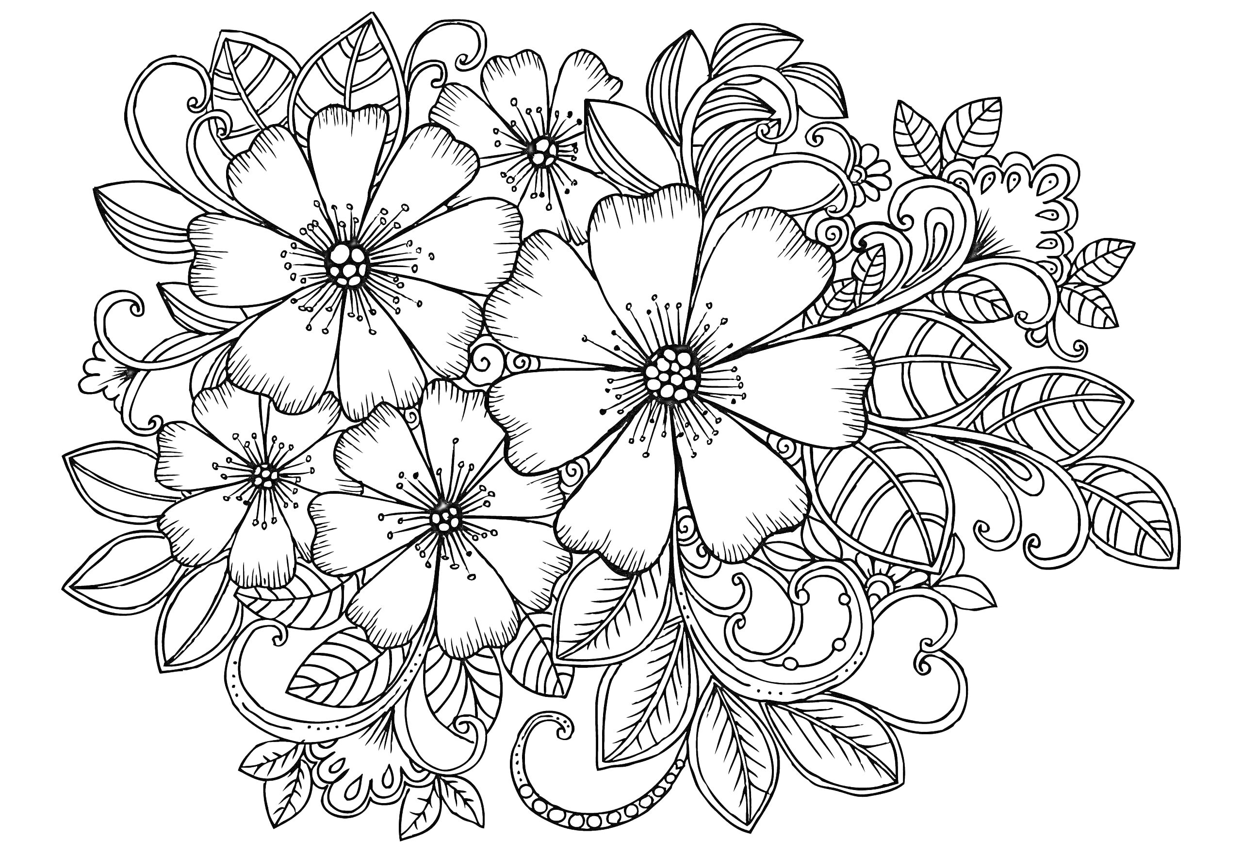 Раскраска Раскраска с цветами, листьями и завитками