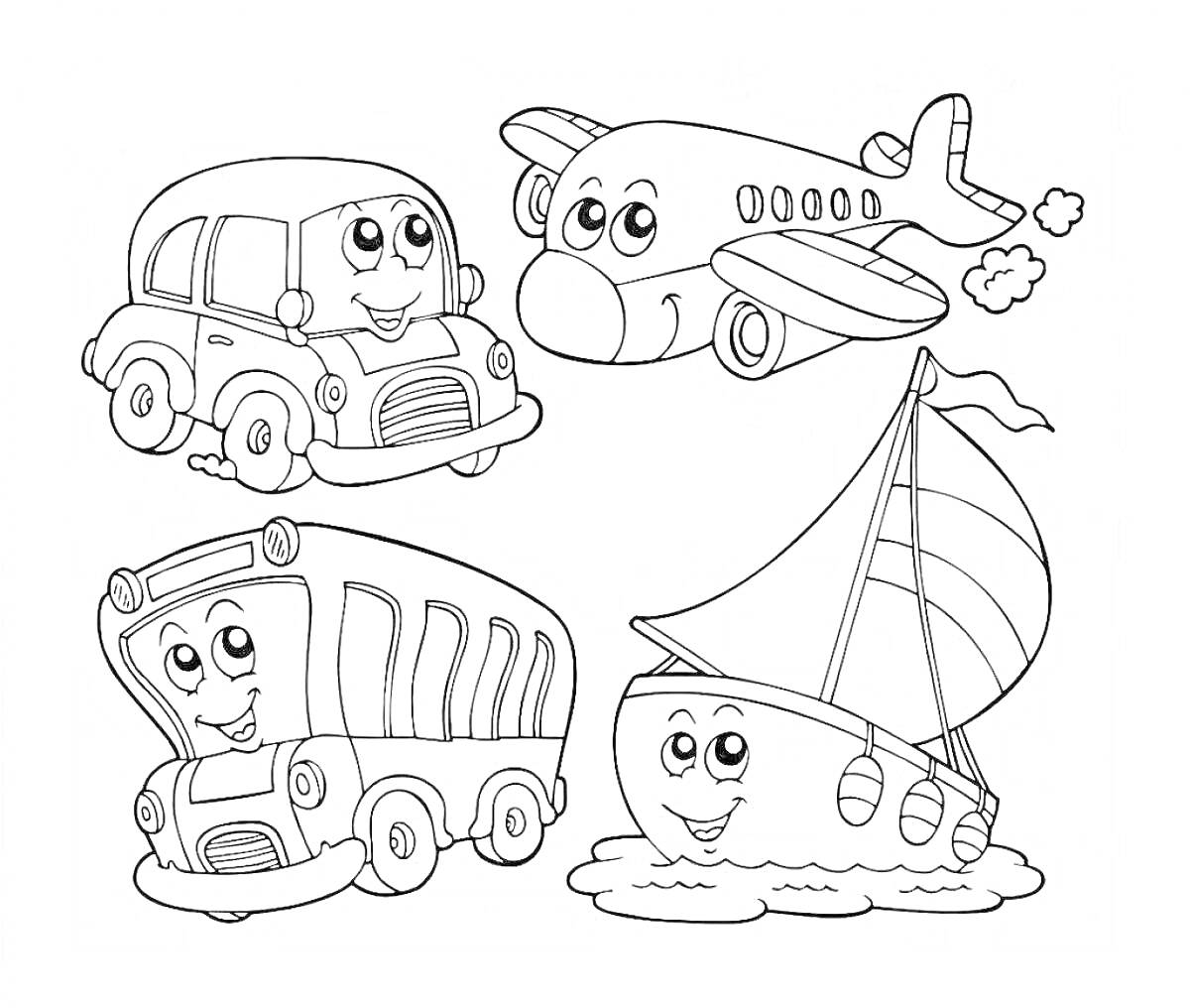 Раскраска Машина, самолет, автобус и лодка с лицами на раскраске