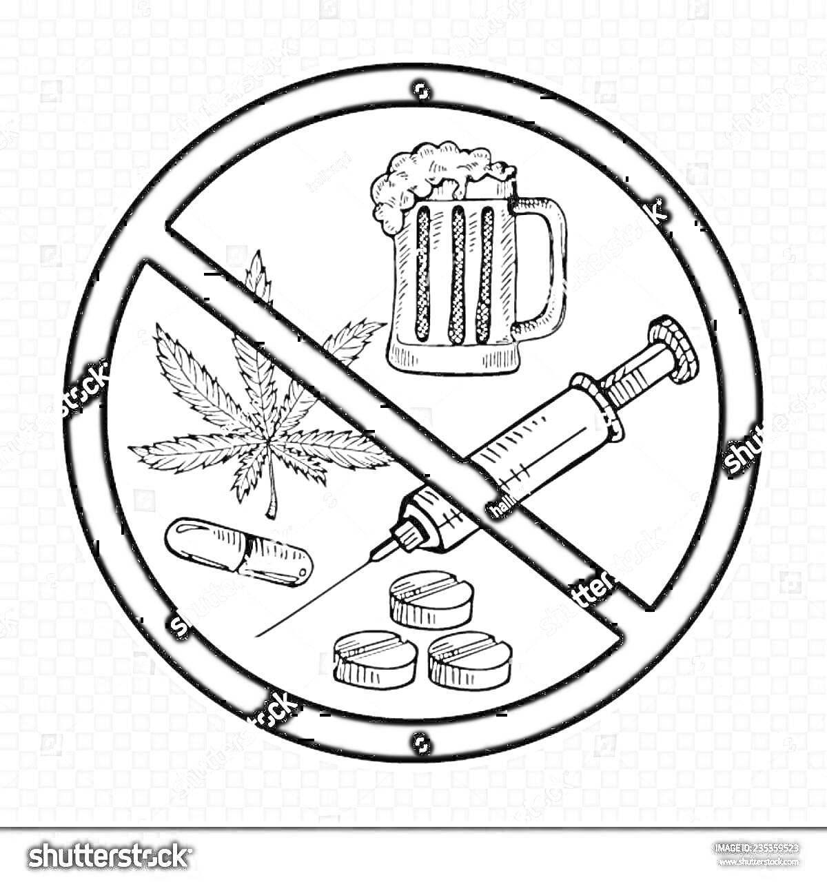 Раскраска Кружок с перечеркнутыми вредными привычками: кружка пива, шприц, таблетки, сигарета, лист марихуаны