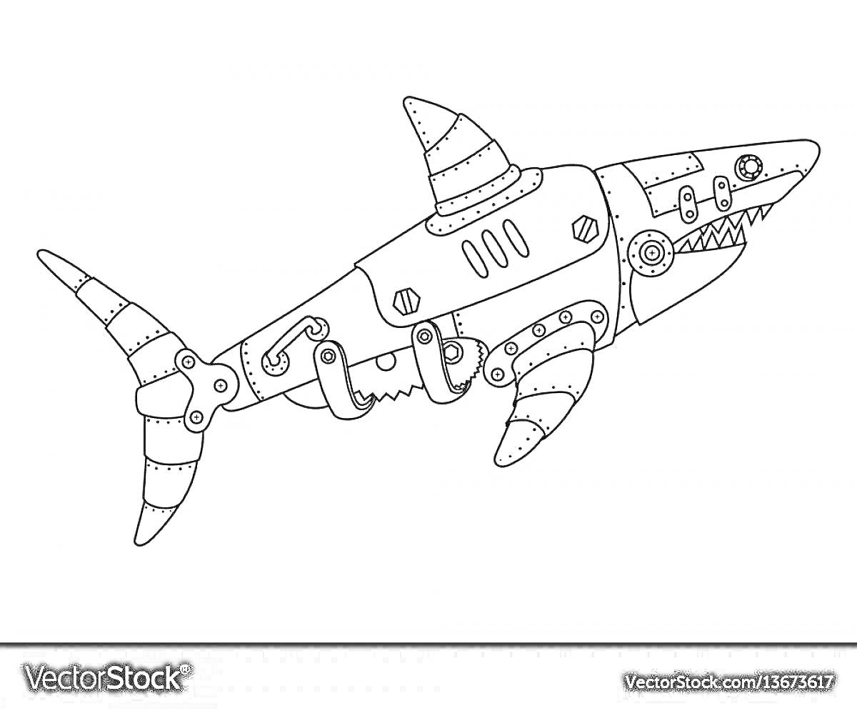 На раскраске изображено: Робот, Механика, Зубы, Плавники, Хвост, Челюсти, Металл