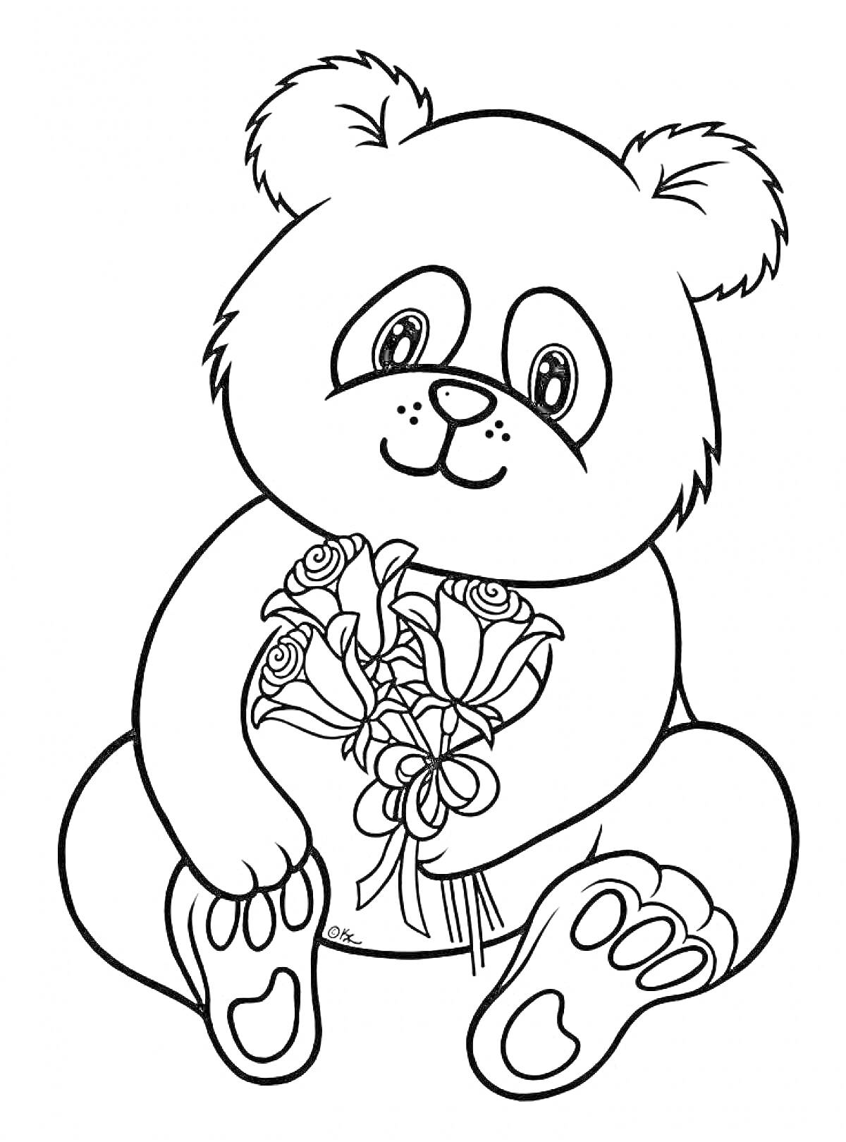 Раскраска Панда с букетом роз