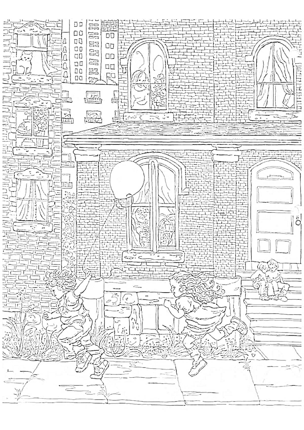Раскраска Дети с воздушным шариком на городской улице перед домомЭлементы на фото:- Дети, играющие с воздушным шариком - Дом с окнами и дверью - Дети, сидящие на ступеньках - Люди, выглядывающие из окон - Многоэтажные здания на фоне - Плиточный тротуар