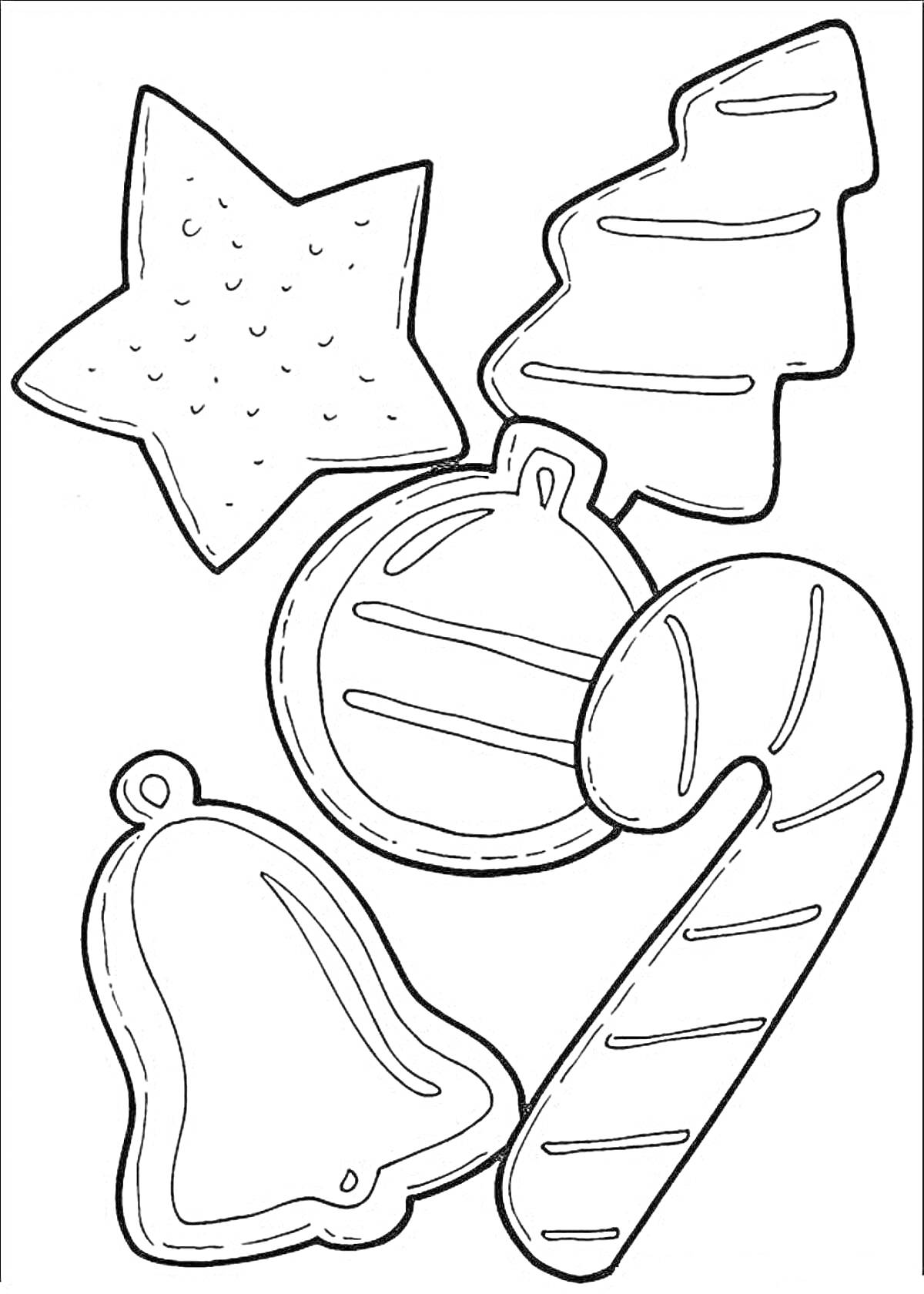 Раскраска Разнообразные формы печенья - звезда, ёлка, шар, трость и колокол