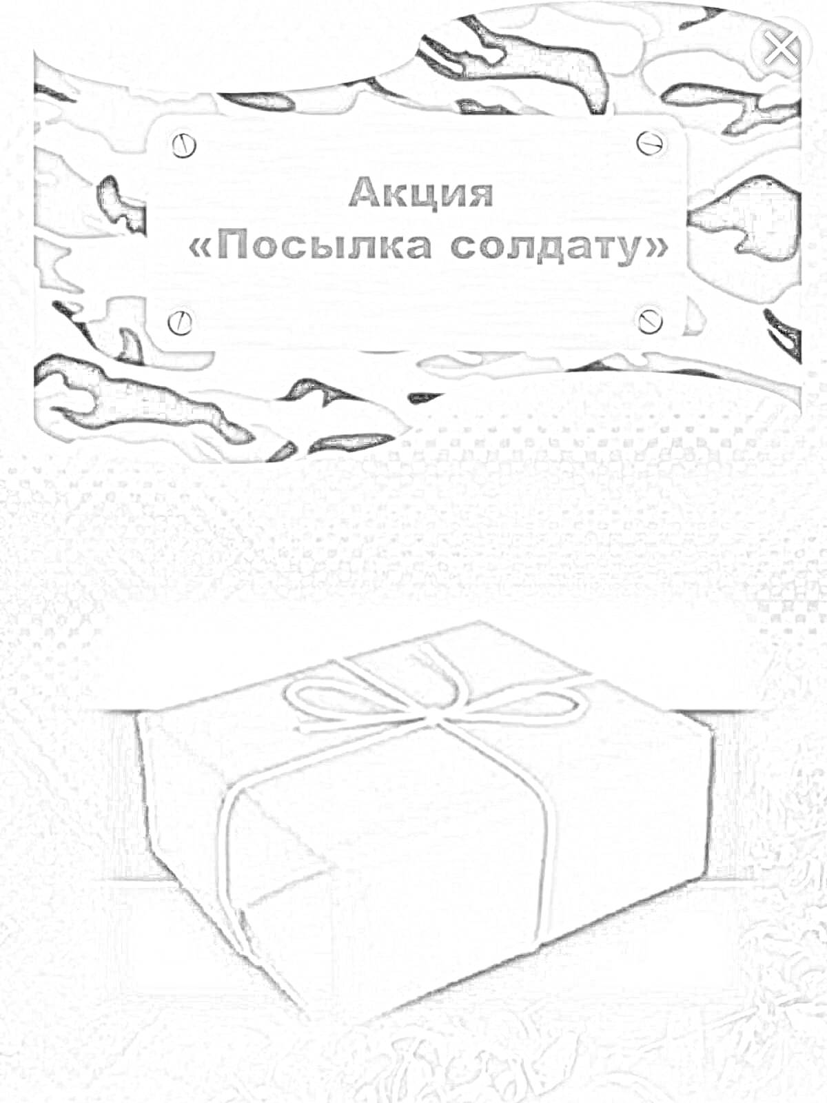 На раскраске изображено: Акция, Камуфляж, Коробка, Флаг, Патриотизм, Помощь, Поддержка