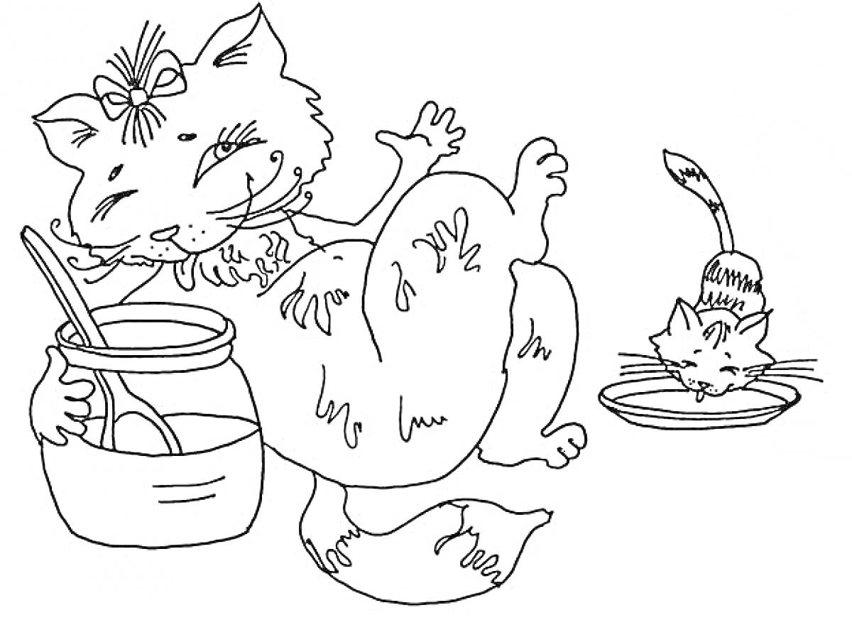 Раскраска Большая кошка с банкой и маленькая кошка с блюдцем