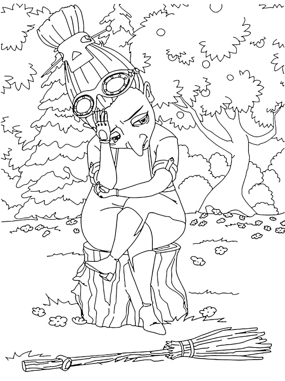 Раскраска Царевна, сидящая на пне в лесу, со шляпой и очками на голове, с метлой на переднем плане