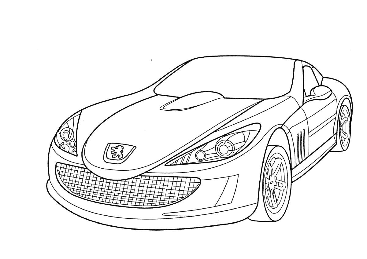 Раскраска Гоночный автомобиль с логотипом на переднем бампере, спортивный капот, аэродинамические линии, четыре колеса.