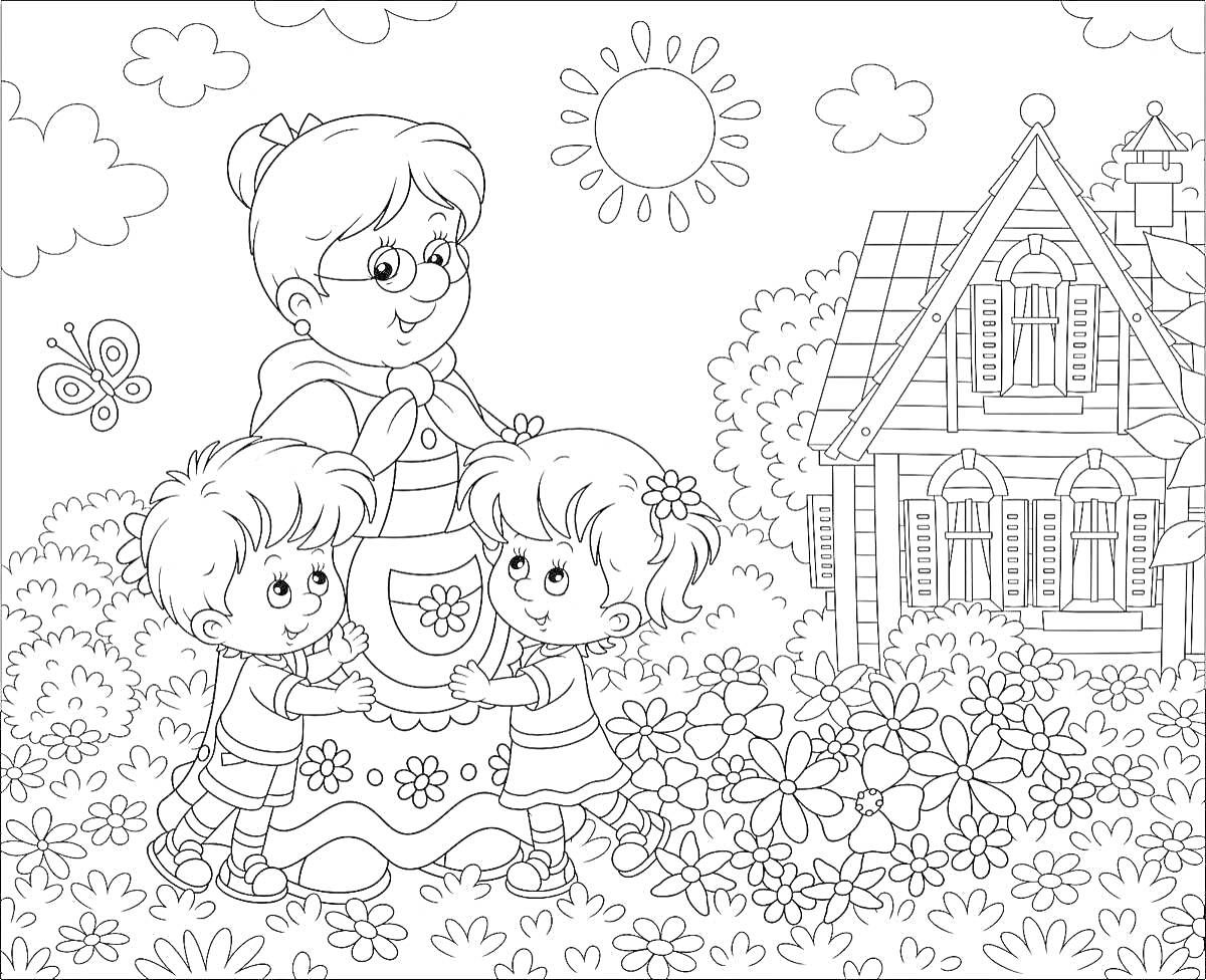 На раскраске изображено: Бабушка, Дом, Цветы, Бабочка, Солнце, Облака, Семейная сцена