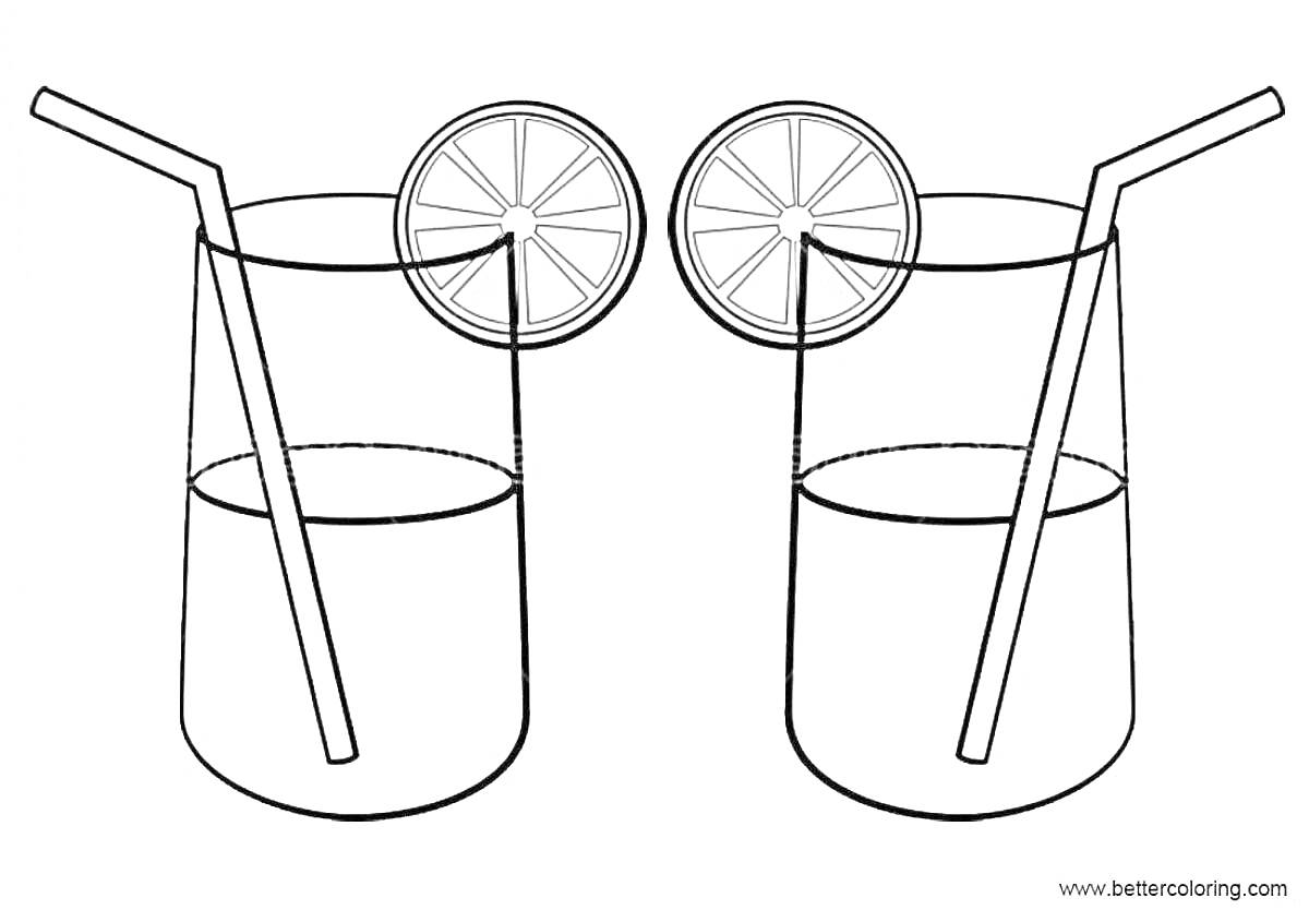 Раскраска Два стакана с лимонадом, две дольки лимона, две соломинки