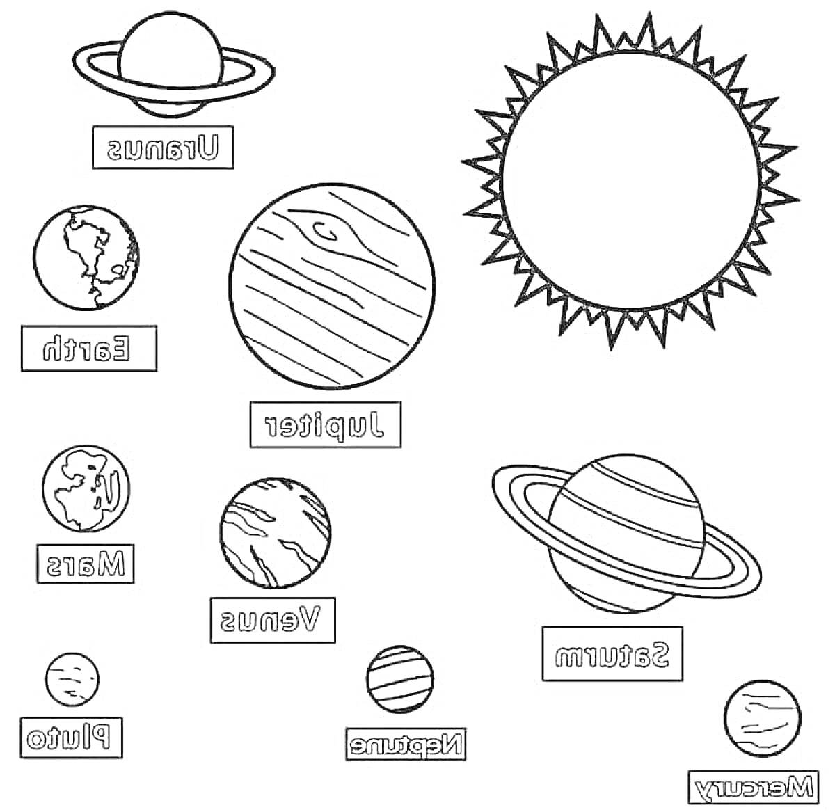 На раскраске изображено: Планеты, Солнечная система, Солнце, Меркурий, Венера, Земля, Марс, Юпитер, Сатурн, Уран, Нептун, Плутон, Космос, Астрономия