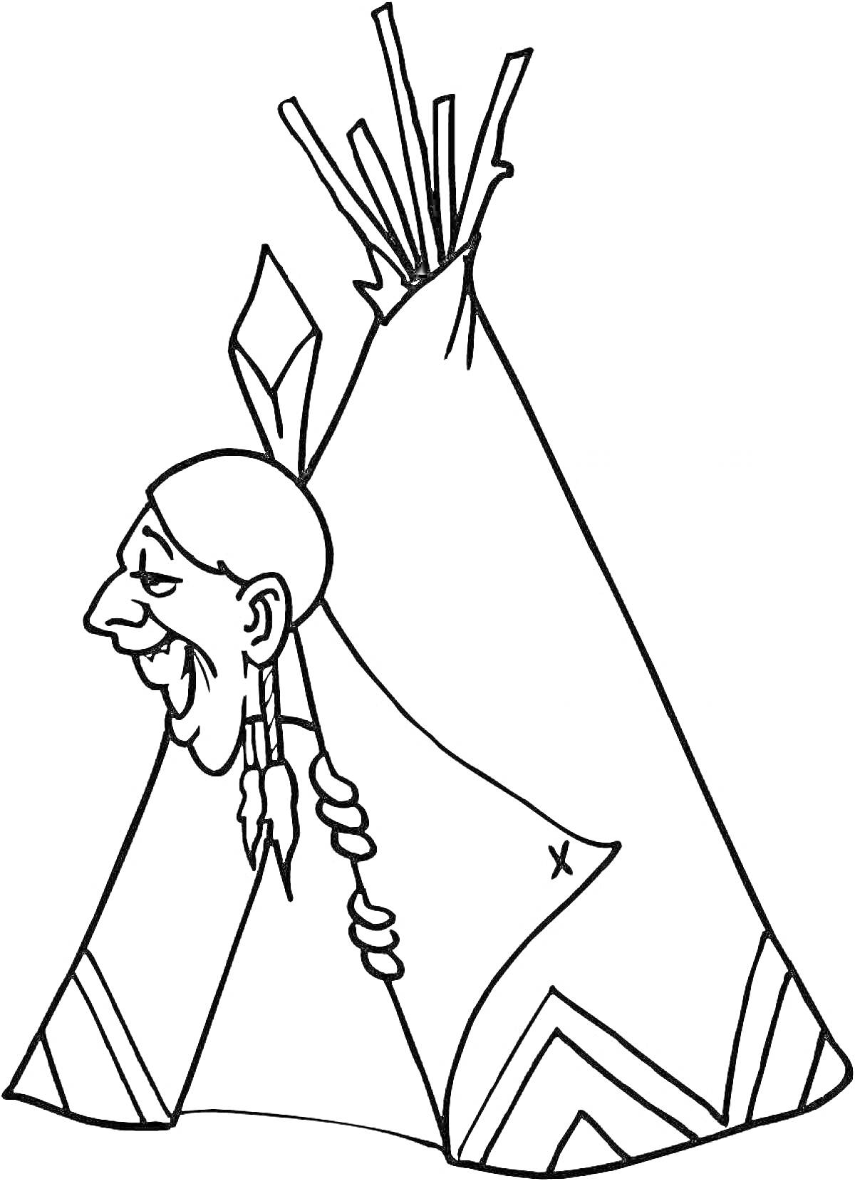 Раскраска Коренной американец возле типи с украшениями и элементами племени