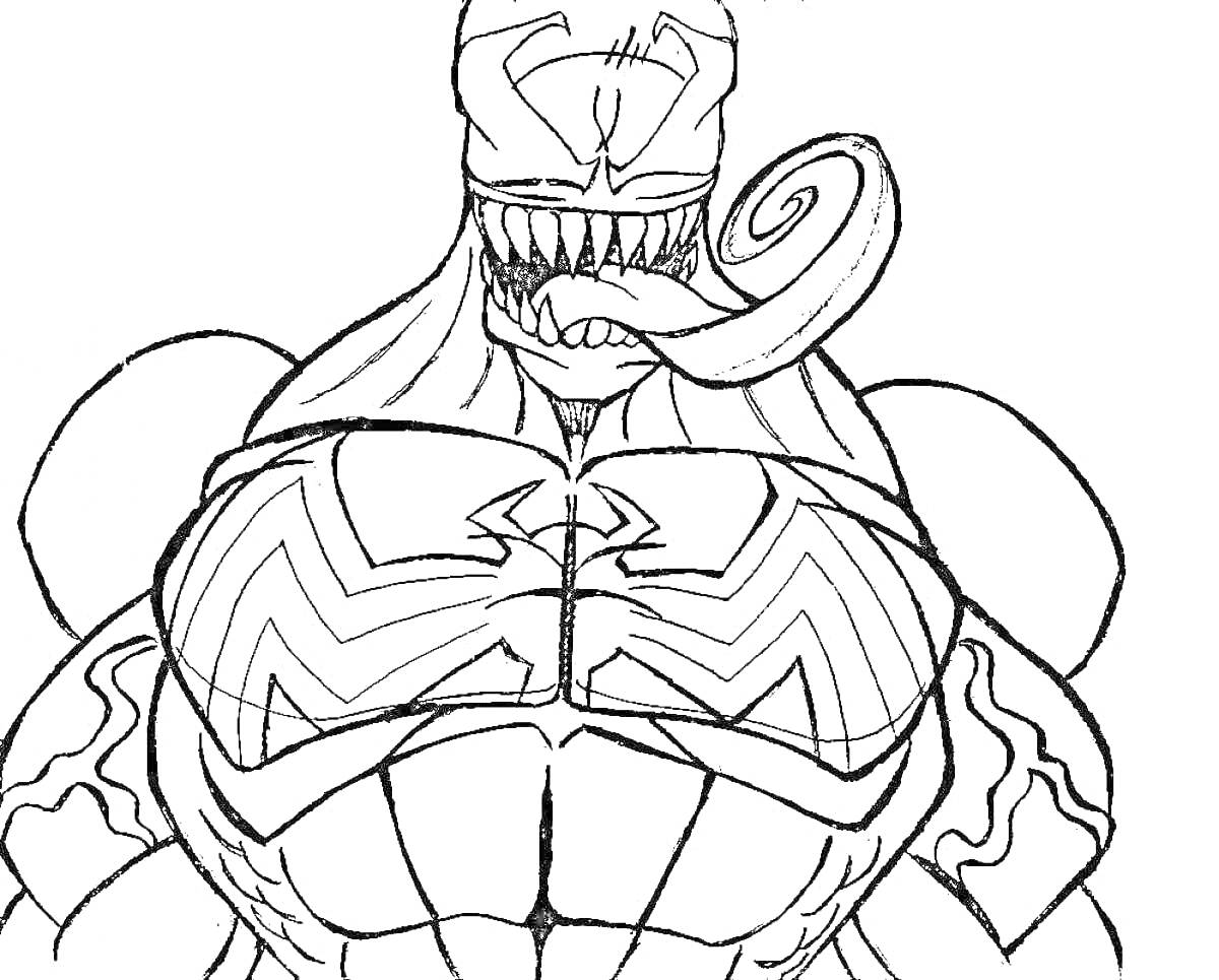 Человекообразный монстр с мышцами и длинным языком, с символом на груди и выразительными деталями лица